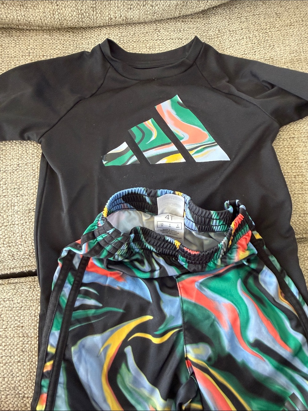 adidas Kids Black Rashguard with Multicolor Swirl Logo & Matching Swim Shorts